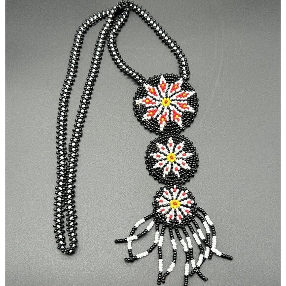 Seed Bead Necklace Native American Handmade Leather Back Medallion Black White - Picture 3 of 5